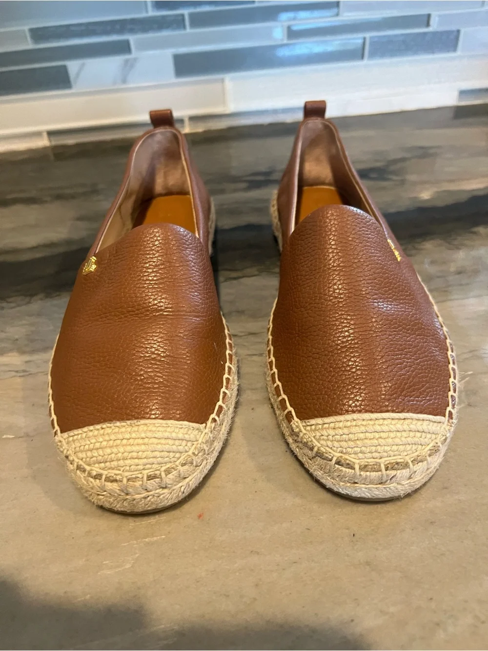 Ralph Lauren Brown Leather Espadrille Flats with Jute Trim